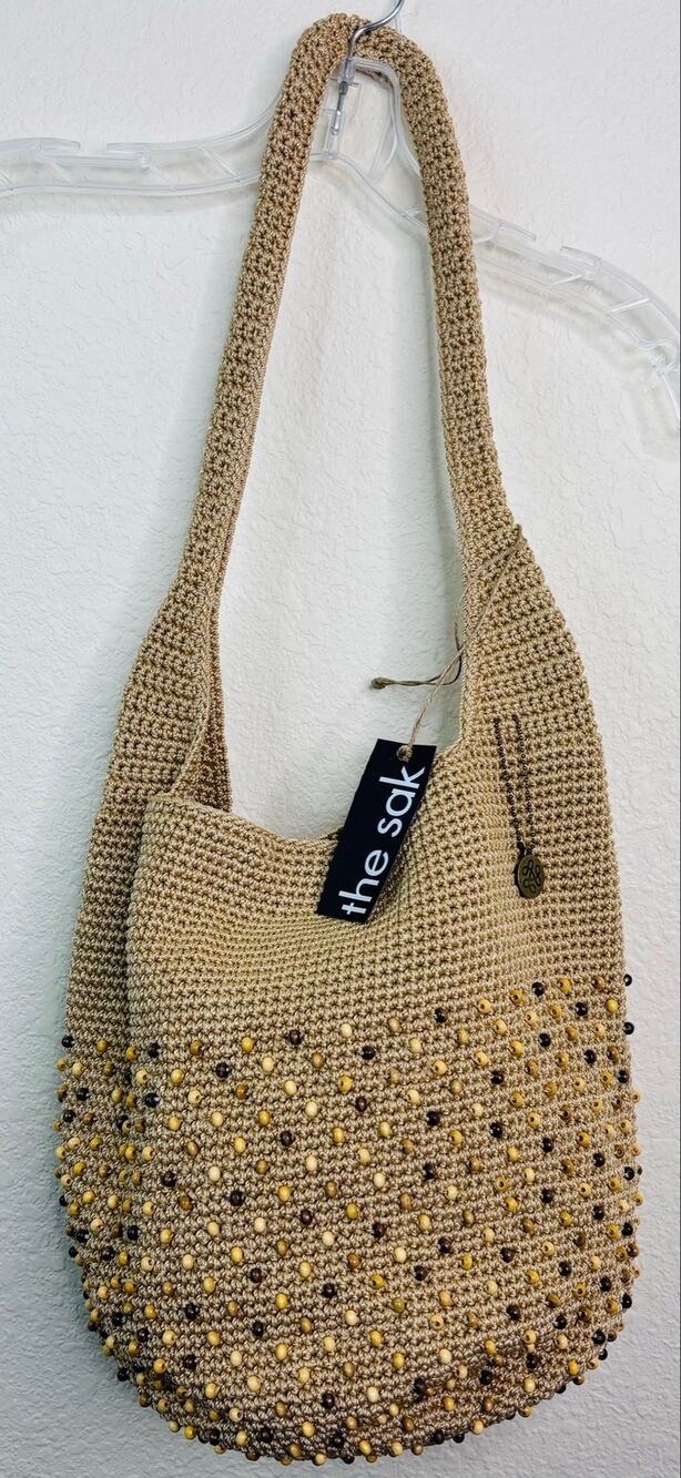 The Sak 120 Hobo Bag, Bamboo Tan Color, Crochet Handbag with Bali Beading, NWT